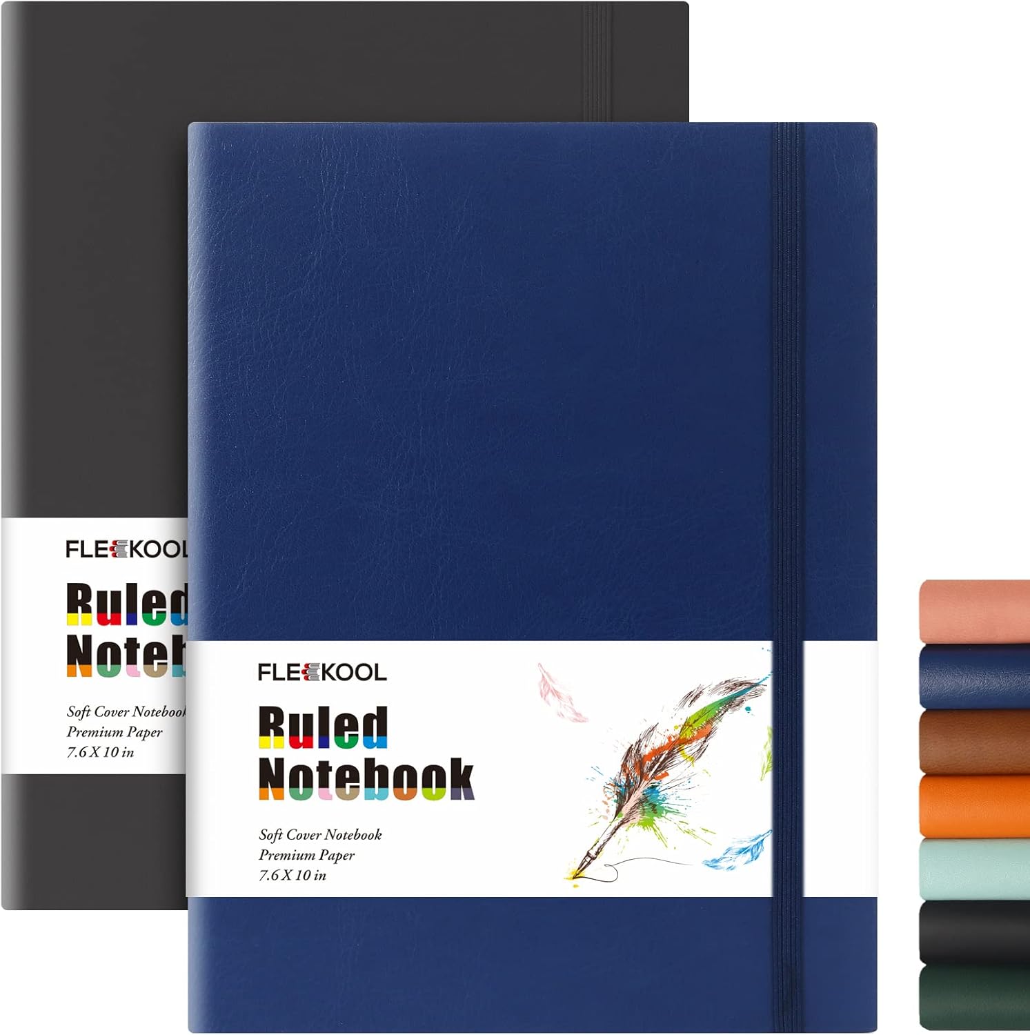 Business Journals 2 PACK - B5 College Ruled Notebook Large Soft Cover Journal with 100gsm Thick Lined Paper,376 Numbered Pages,7.6" X 10",Inner Pocket - Black Blue