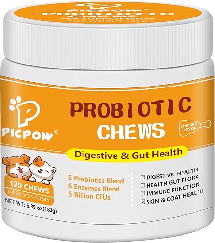 PICPOW Probióticos para perros y gatos, con prebióticos, enzimas digestivas, inulina, calabaza para la salud digestiva, intestinal, piel e inmune,