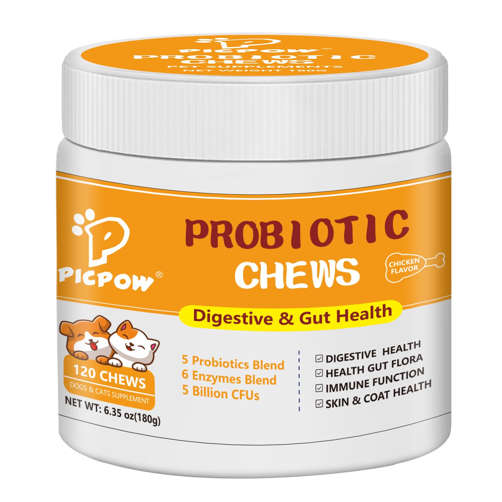 PICPOW Probiotics for Dogs & Cats, with Prebiotics, Digestive Enzymes,Inulin, Pumpkin for Digestive, Gut, Skin & lmmune Health, Reduce Diarrhea & Gas, Small and Large Dog & Cats, 120 Chews