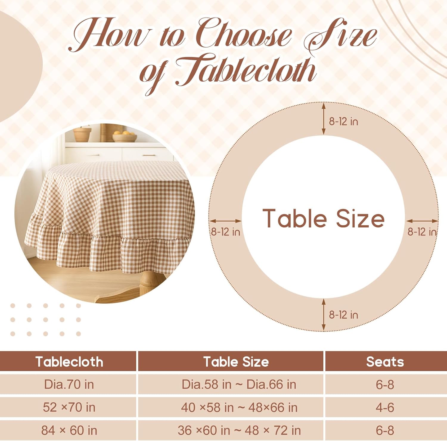 Mindsoft Brown Gingham Ruffled Tablecloth 70 x 70 Inches Round Cotton Linen Checkered Table Cloth Buffalo Plaid Farmhouse Vintage Decorative Tablecover for Picnic Kitchen Dining Room Home Party