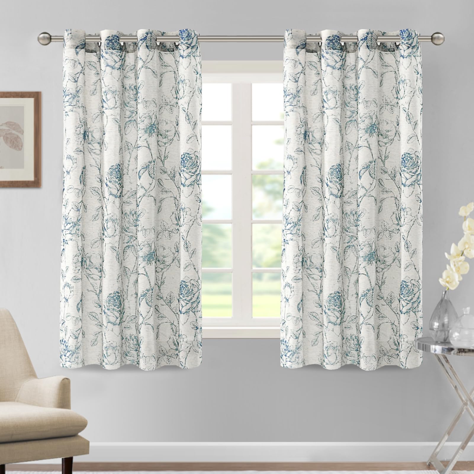 DEZYPZAM Floral Linen Semi Sheer Curtains, Light Filtering Privacy Window Curtains, Semi Sheer Window Curtain Drapes for Living Room/Bedroom (Gray Blue,52 x 63 inch)