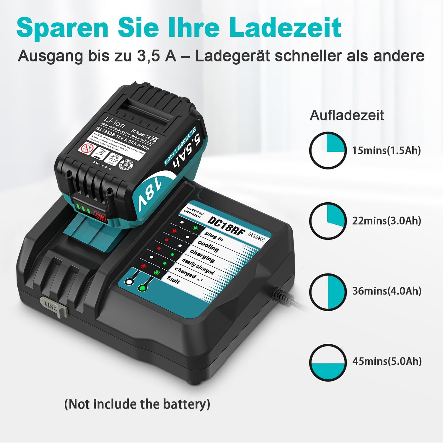 Cargador DC18RF + 2 baterías de repuesto para batería de 18 V 5500 Ah | Compatible con batería de ion de litio de 18 V, BL1815, BL1830, BL1840, BL1850, BL1860, BL1890, BL1415, BL1430, BL1440