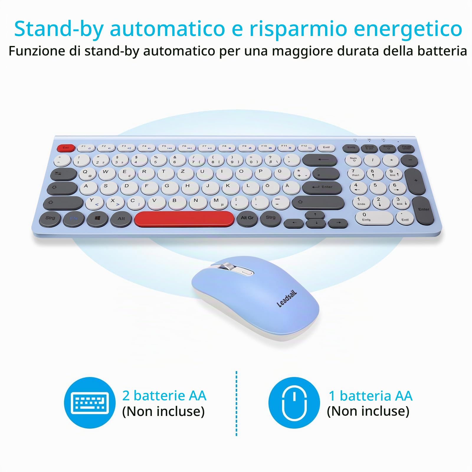LeadsaiL, Set di mouse per tastiera senza fili, mouse e tastiera ergonomici, tastiera e mouse wireless per PC, layout tedesco QWERTZ, tasti silenziosi per tastiera e mouse, MacOS PC, laptop, colorato