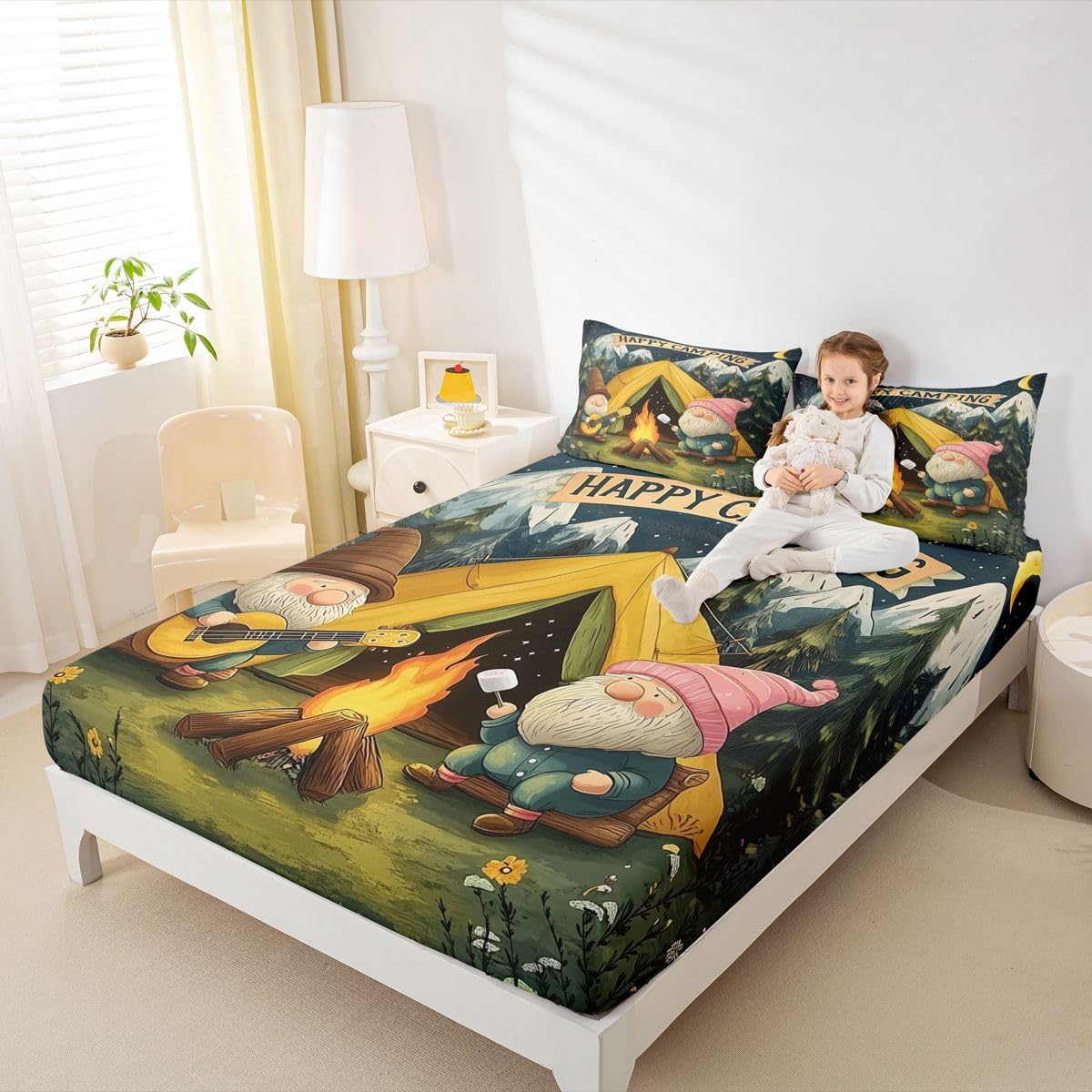 Erosebridal Camping Gnome Full Fitted Sheet Mountain Camper Bed Sheets for Kids Teens Mountain Night Sky Bedding Set Woodland Guitar Campfire Sheets