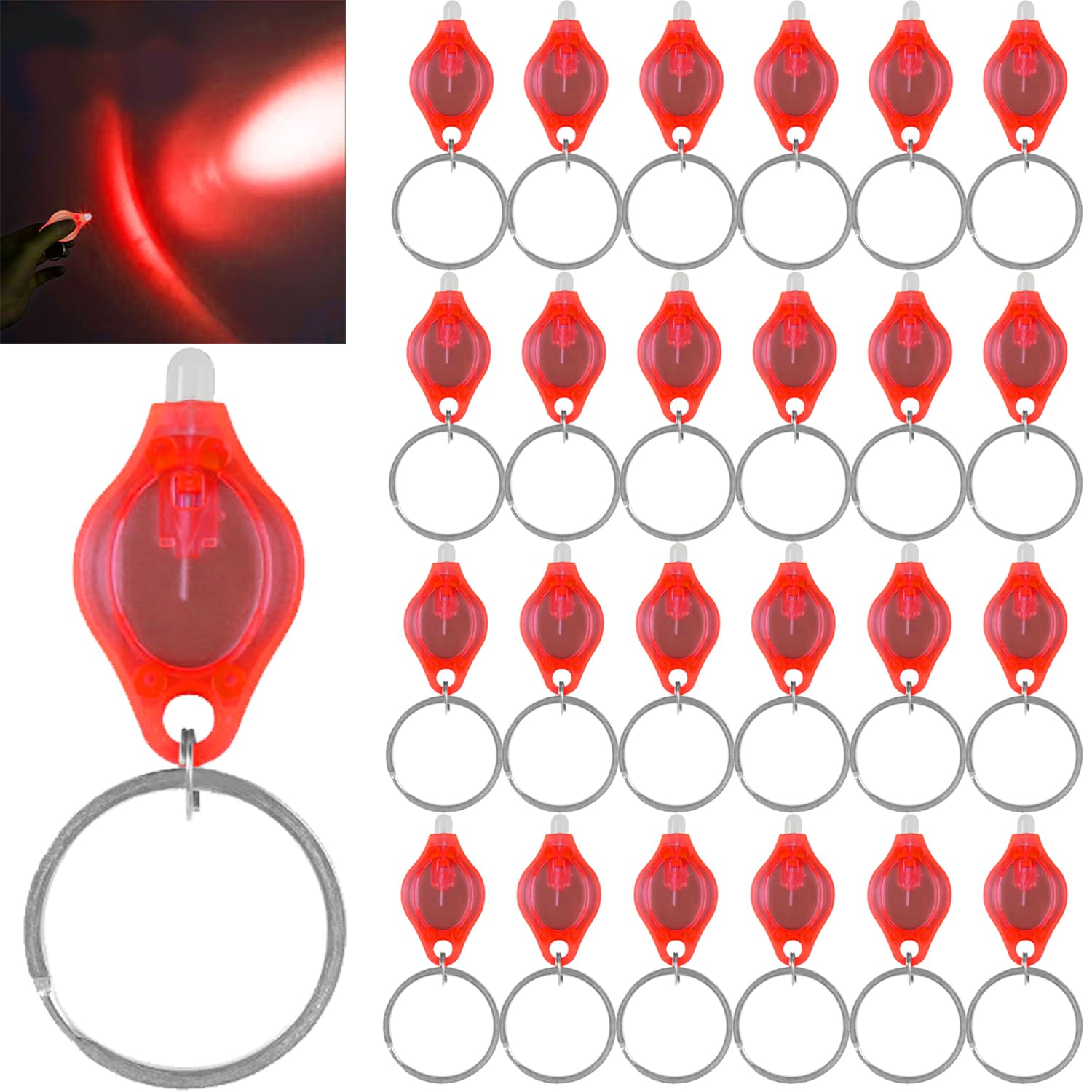 MODOAO Mini LED Keychain Flashlight, 24 Pack Portable Ultra Bright Battery Powered Red Light Torch with Key Ring, for Outdoor Camping Hiking and Emergency Lighting