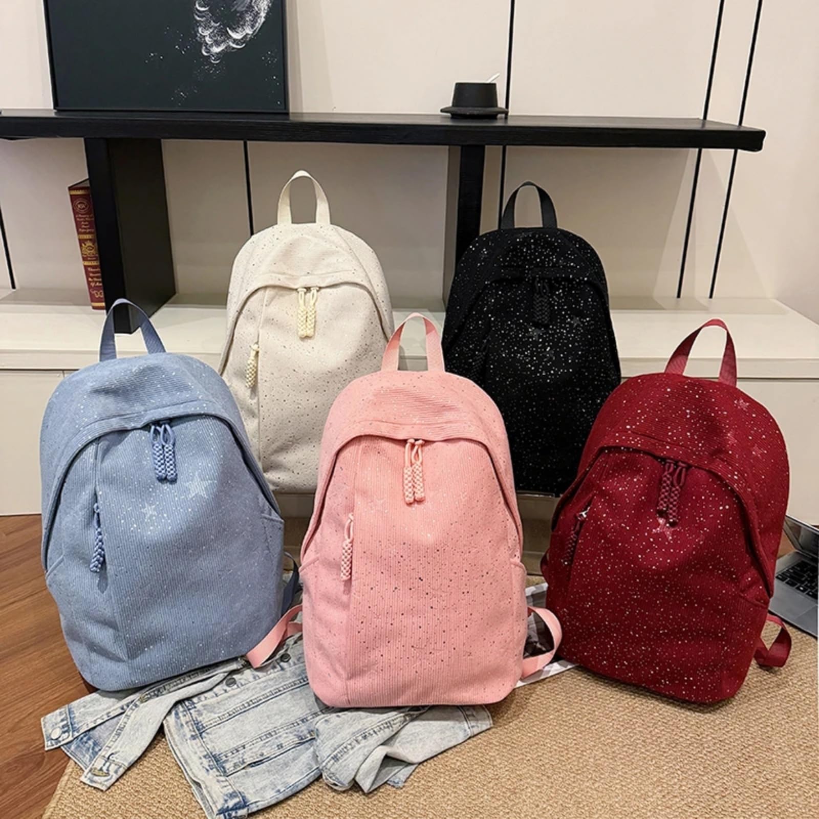 Zaino in Corduroy Macchiato Rosa, Borsa Scolastica Studentesca Casual di Grande capacità per Le Donne Viaggi Giornalieri-White