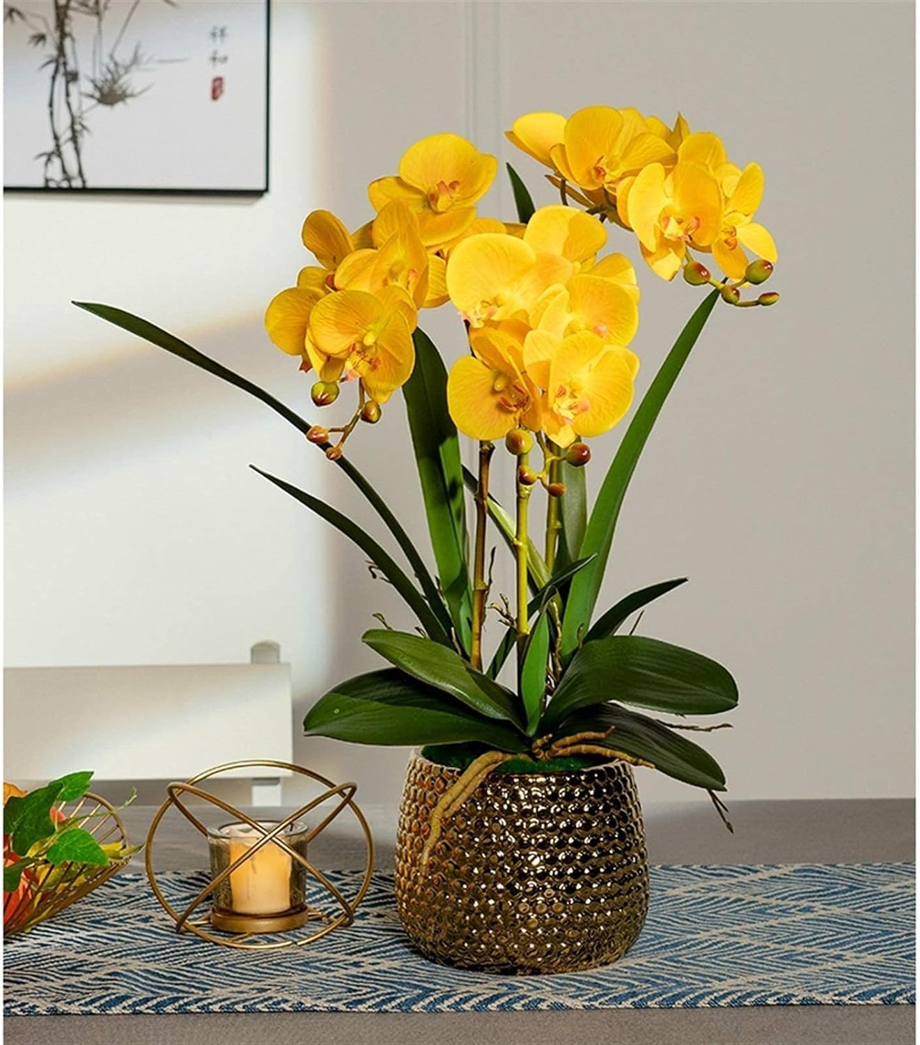 SDdPulse Orchidea artificiale con vaso in ceramica, orchidee finte, 54 cm, fiori artificiali Phalaenopsis in poliuretano, orchidea artificiale per la casa, molto naturale, giallo