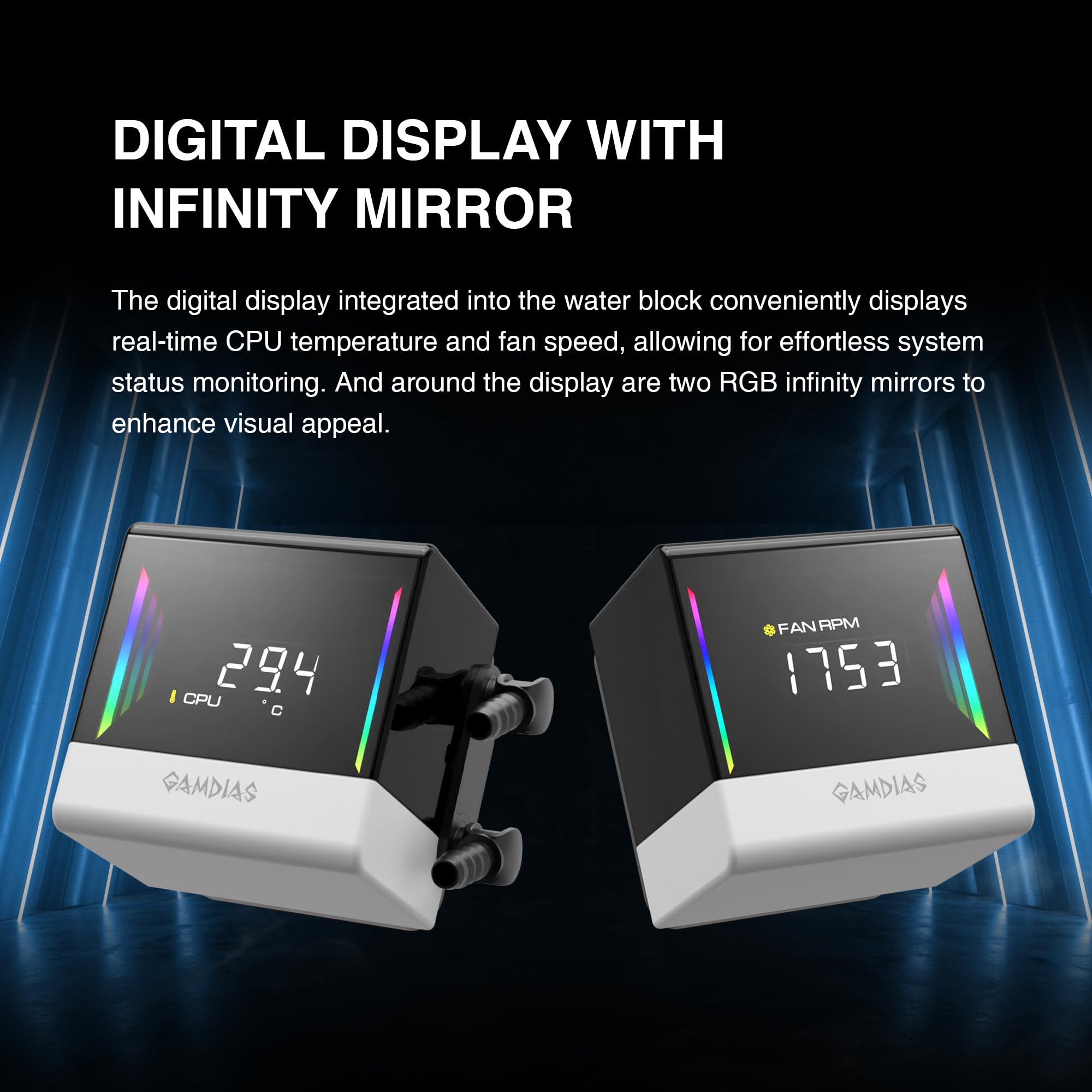 GAMDIAS CHIONE E4 - Enfriador líquido AIO de CPU de 360 mm, pantalla digital en tiempo real, bomba PWM patentada, 3 ventiladores de 120 mm de fácil gestión de cables con sincronización ARGB, Intel LGA