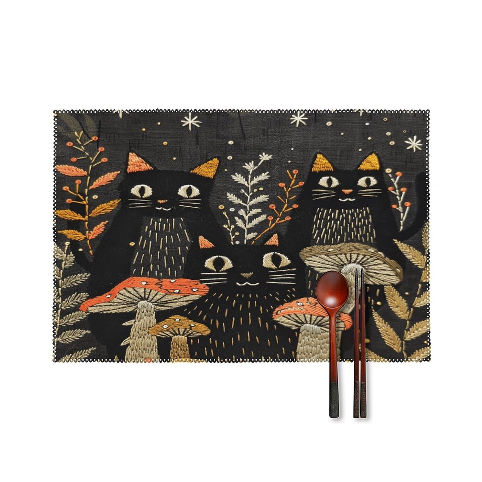 Cats and Mushrooms Placemats Set of 6 Heat Resistant Non-Slip Table Mats Washable Indoor Outdoor Place Mats Rustic Vintage Seasonal Placemat for Kitchen Dining Outdoor Party Table Decor