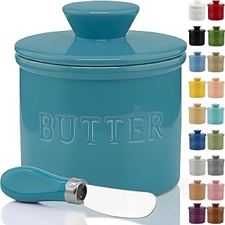 PriorityChef Butter Crock with Lid with Water Line, Ceramic French Butter Dish to Leave On Counter, Turquoise