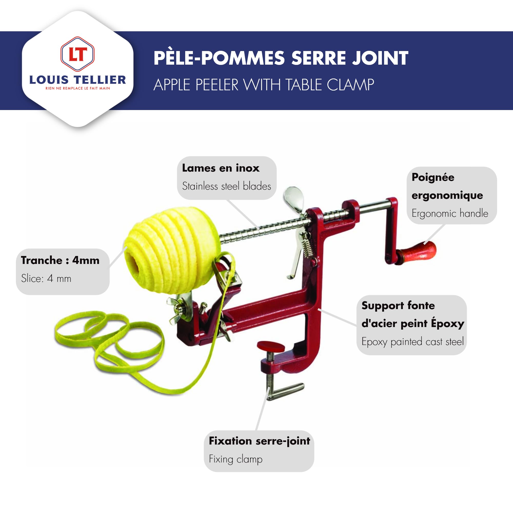 Image secondaire de Pèle-Pommes Louis Tellier avec Fixation Serre-Joint - Inox et Bordeaux