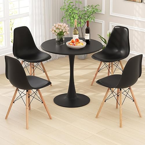 Miniatura 2 de Tangkula Juego de mesa de comedor de 5 piezas para 4, juego de mesa de cocina con asiento y patas de madera maciza, mesa redonda moderna y 4 sillas
