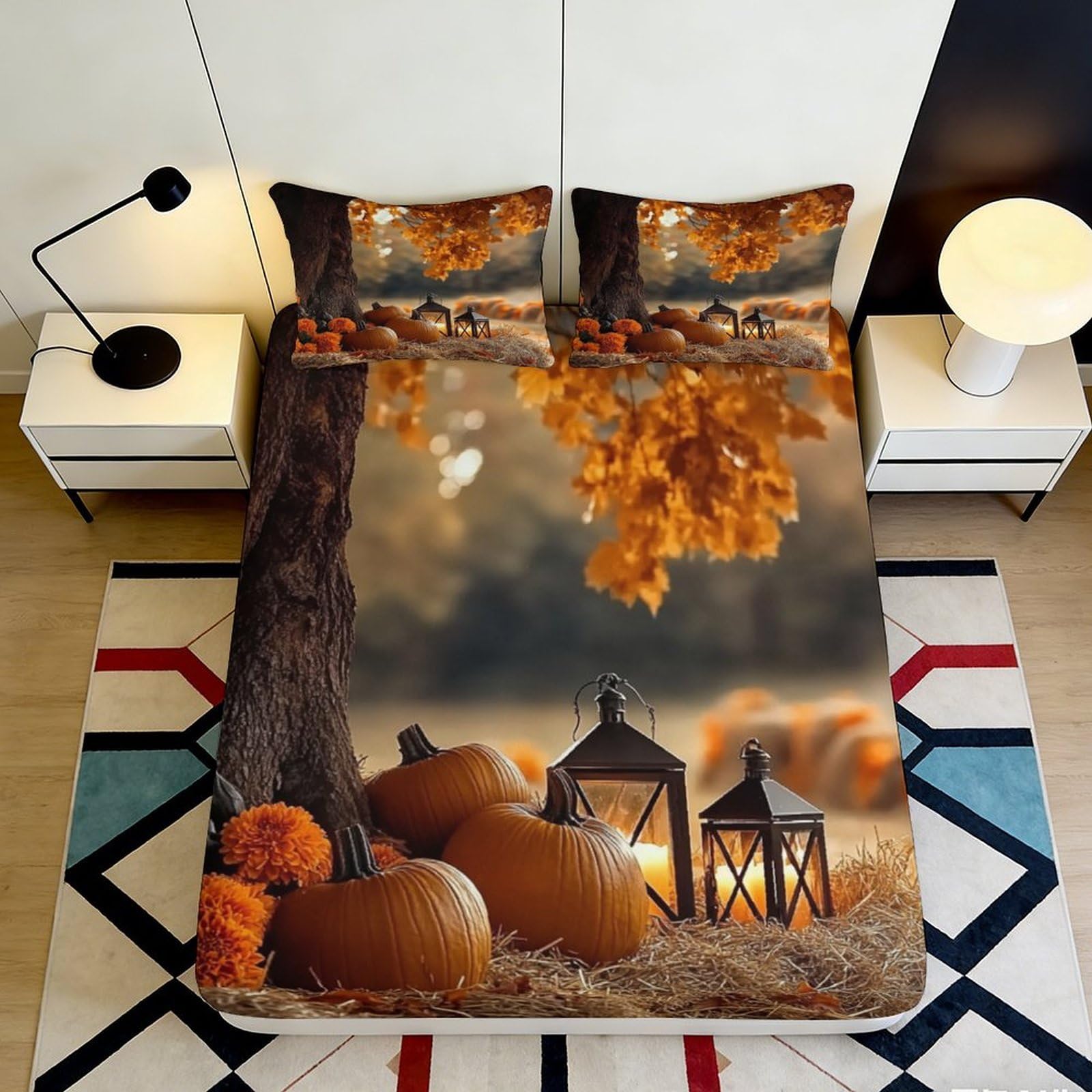 Decor Autumn Pumpkin Fitted Sheet, 3D Printed, Microfiber smooth touch, Bed Sheet for Bedroom, Guest Room Bedding, Wrinkle Resistant, Easy Care, Mattress Cover 140x200x25cm