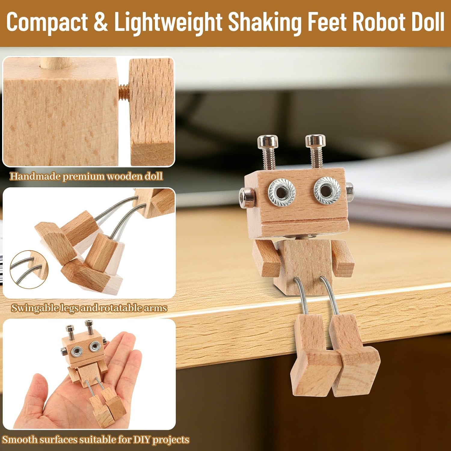 Shaking Feet Wooden Man Robot Doll – Funny Dangling Legs Dashboard Ornament & Desk Decor, Handcrafted Wooden Robot Car Dashboard Decoration, Cute Swing Legs Toy for Office Desk or Vehicle