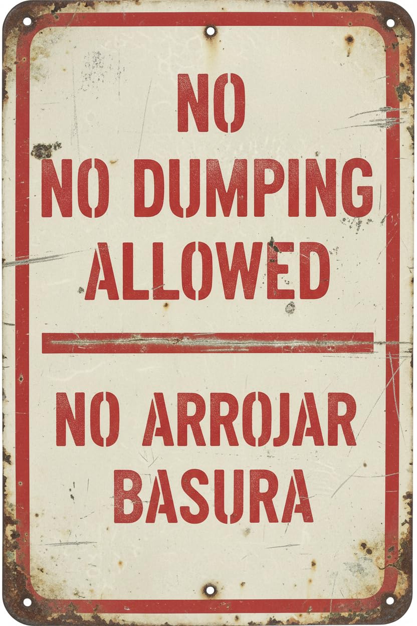 Wall Decor Bilingual No Dumping Allowed Sign. 8x12Inch Metal. Prevent Illegal Garbage. No Arrojar Basura Letrero. English Spanish Vintage Signs Aluminum Plates Printed
