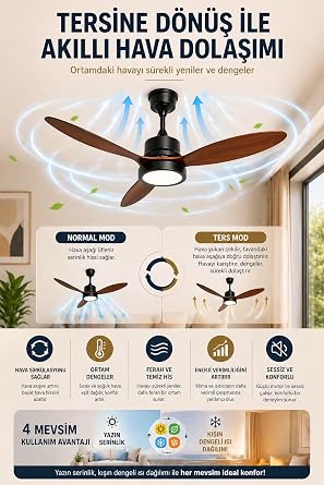 Tavan Vantilatörü LED Armatür 132cm 64W, APP ve Kumanda Kontrollü, 6 Kademeli Fan, 3 Işık Rengi Tersine Dönüş Özellikli, Gece Modu, Sessiz Motor, 3 Kanatlı Tavan Fanı GVA64, Siyah Kiraz [Enerji Sınıfı A]