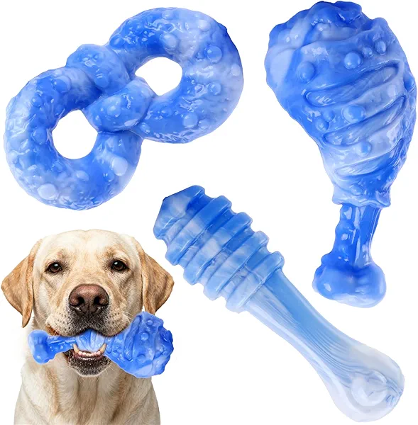 WinTour Dog Chew Toys for Aggressive Chewers 3 Pack Kit, Tough Dog Toys for Aggressive Chewers Set for Small, Medium and Large Breeds, Bacon Flavor, Blue