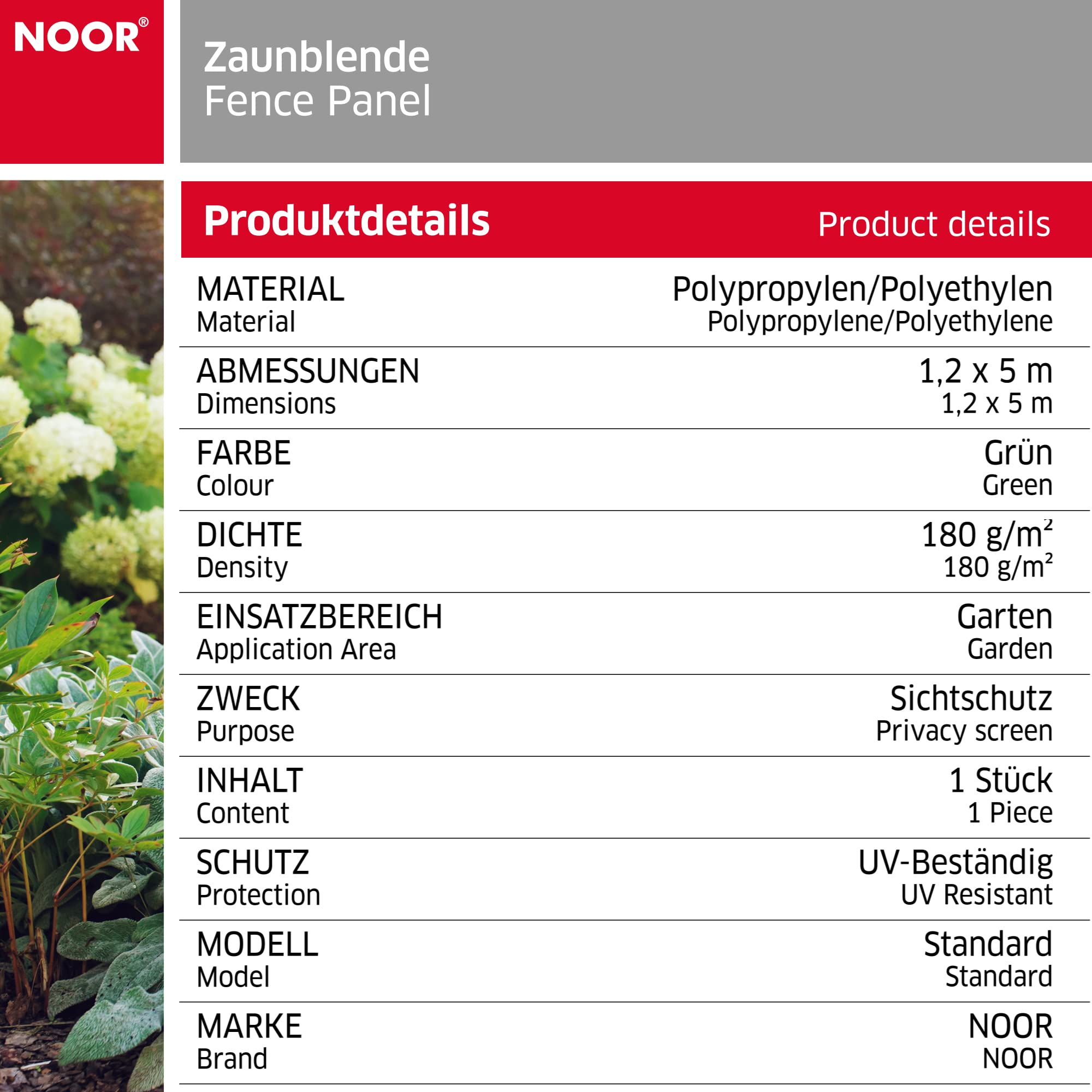 NOOR Zaunblende Sichtschutz - PP/PE-Gewebe 180g/m² - 1,2 x 5 m Grün