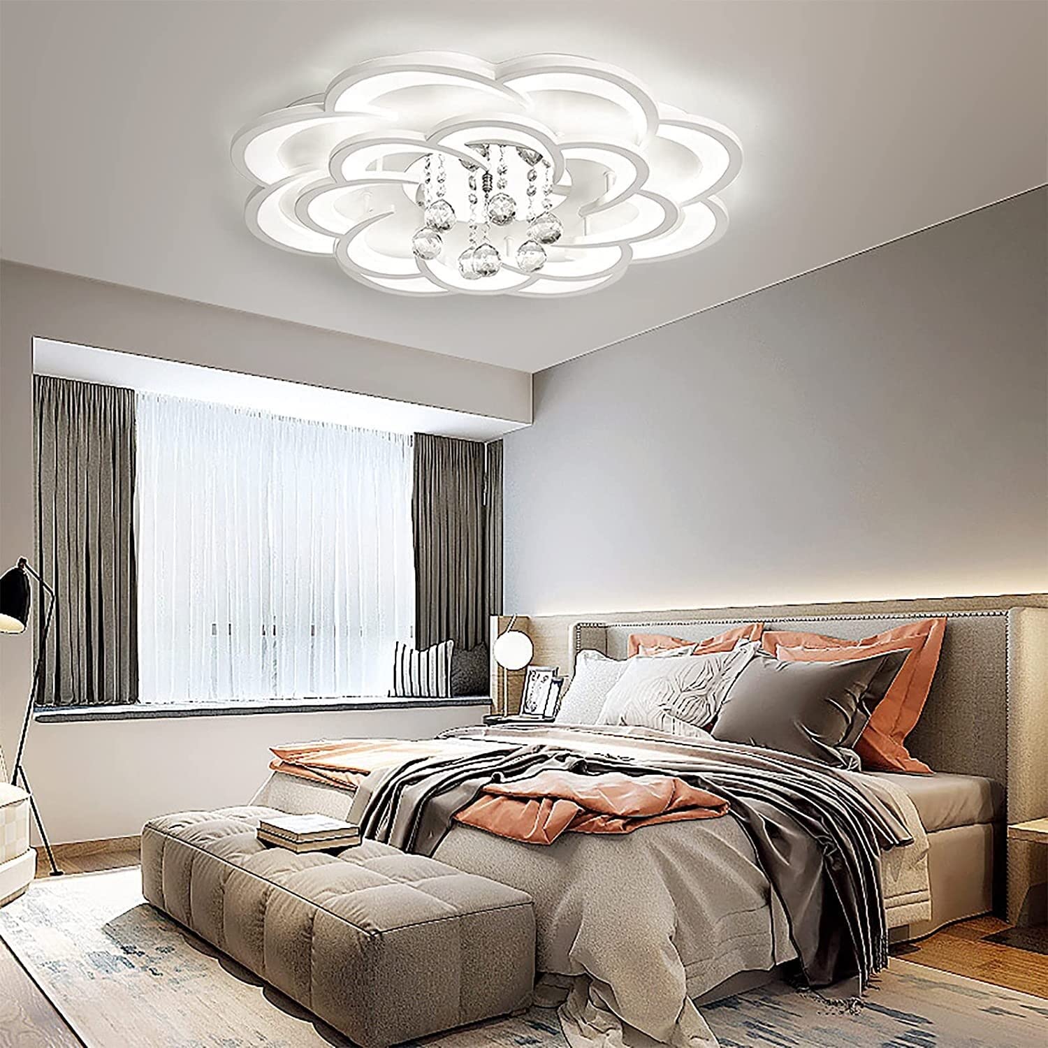 Nowoczesna lampa sufitowa LED w kształcie kwiatu, z elementami akrylowymi i kryształowymi, do zabudowy sufitowej, idealna do salonu, jadalni lub sypialni.