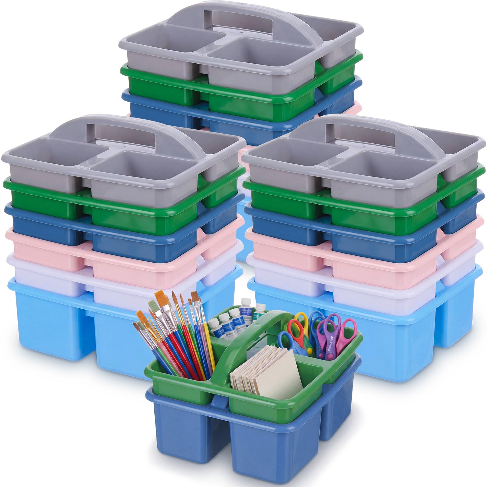 Geelin 24 Pack Classroom Caddy Bulk, Plastic Storage Caddy with Handle and 3 Compartments, Stackable Art Supply Storage Caddies Organizer(9.3 x 8.5 x 5.1 inch,Morandi)