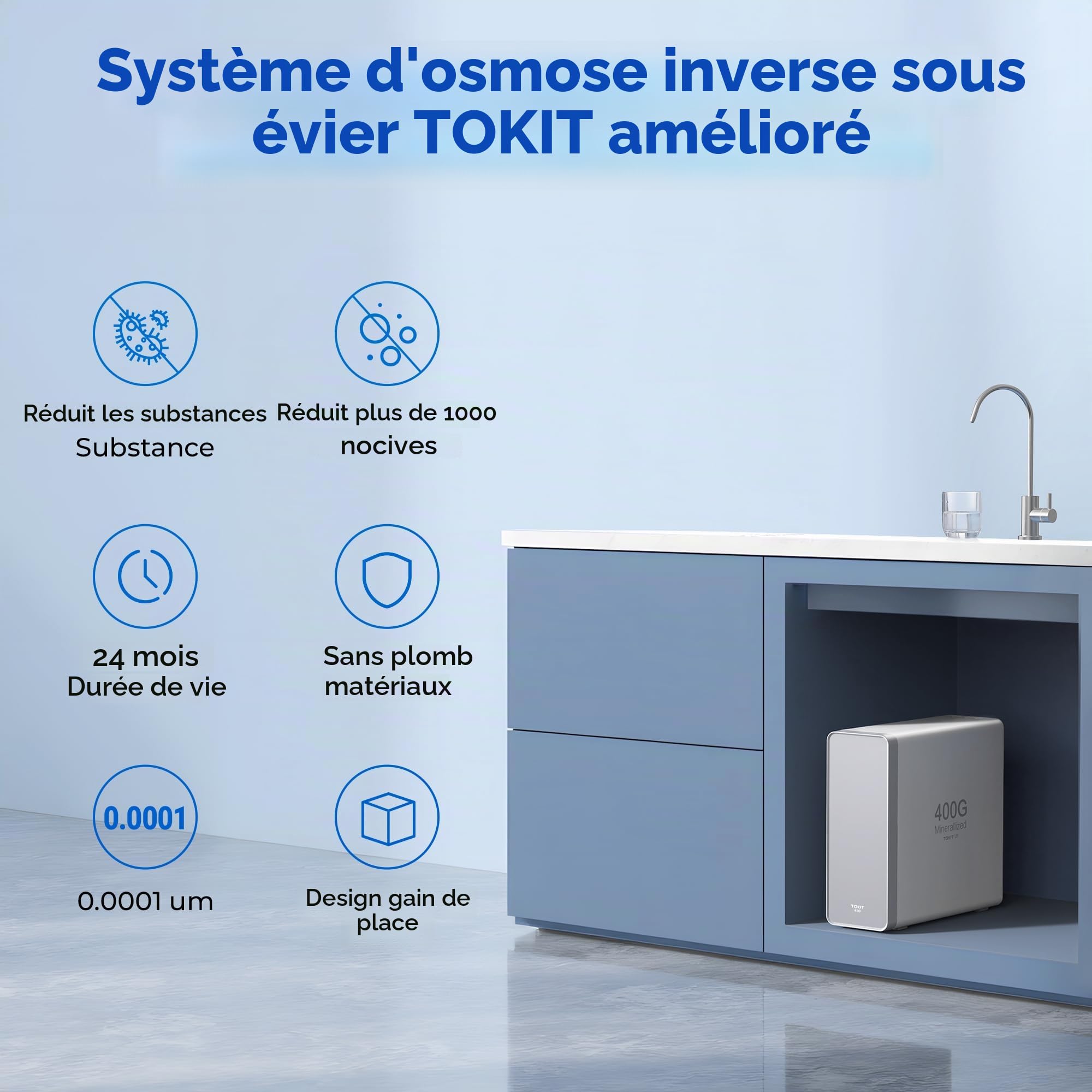TOKIT Filtre À Eau Par Osmose Inverse, Système De Filtration Minérale Sous Évier, RO Filtration À Eau 400 GPD, NSF/ANSI 58, 2:1 Pureté À L'Évacuation, Réduction Des TDS (U1)