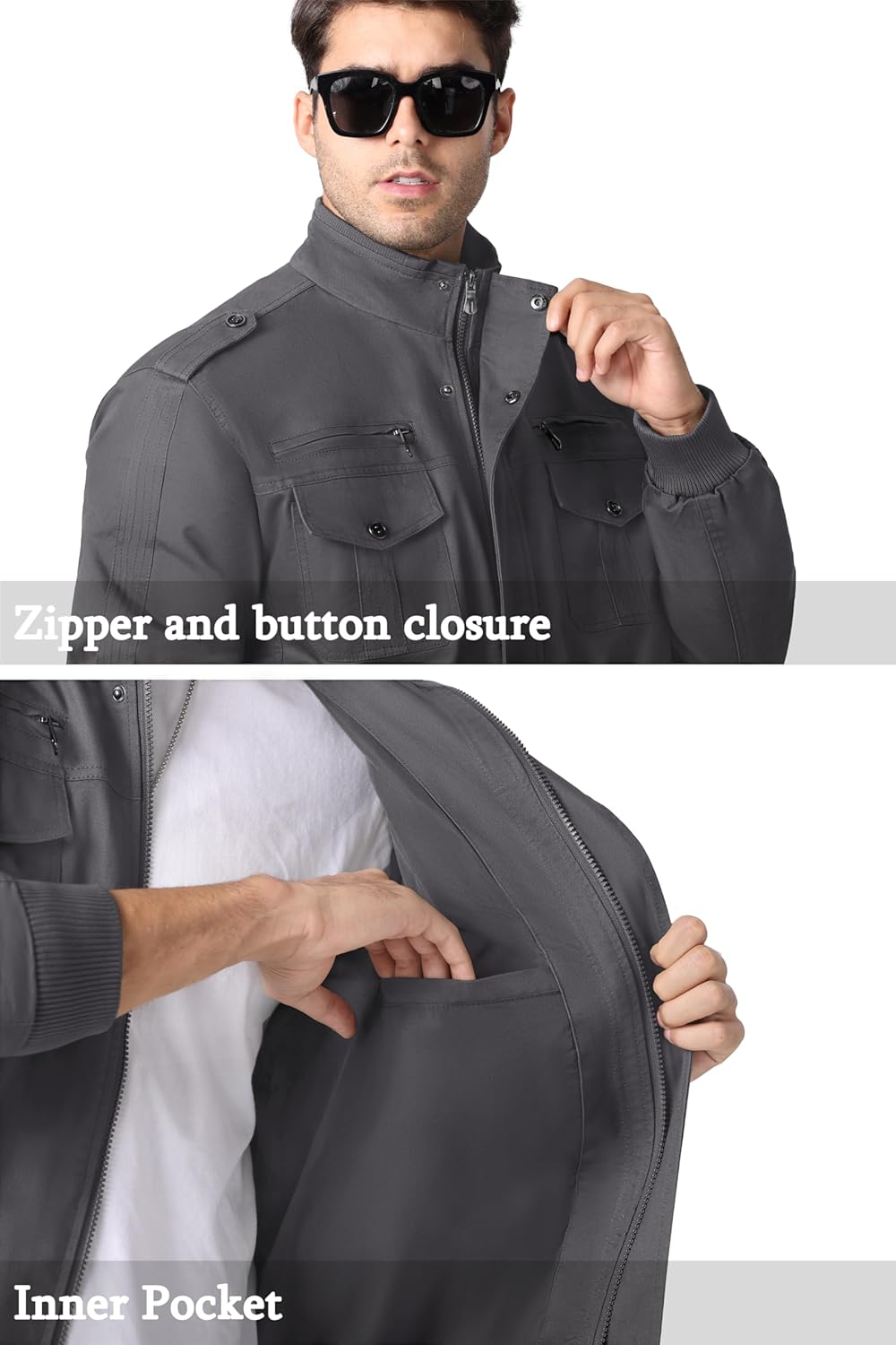 MAGNIVIT Men's Military Lightweight Army Windbreaker Cargo Jacket With Stand Collar, Zip Front, 7 Pockets - Cotton - Image 4