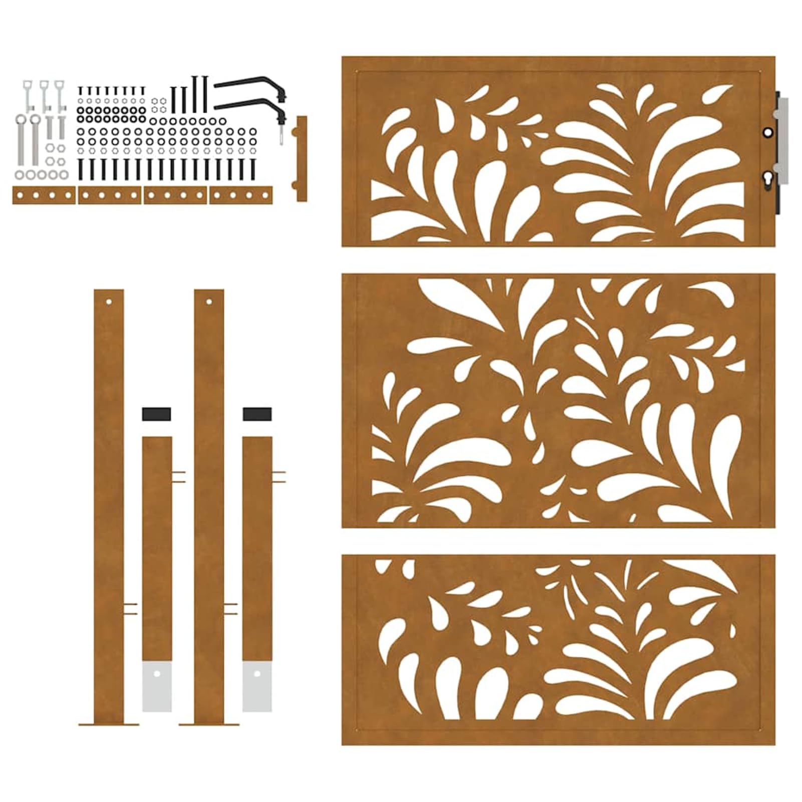 Cancello da giardino, 100 x 125 cm, design ondulato, in acciaio resistente alle intemperie, effetto ruggine, inclusi pali e materiale di montaggio, per giardino, terrazza e terreno