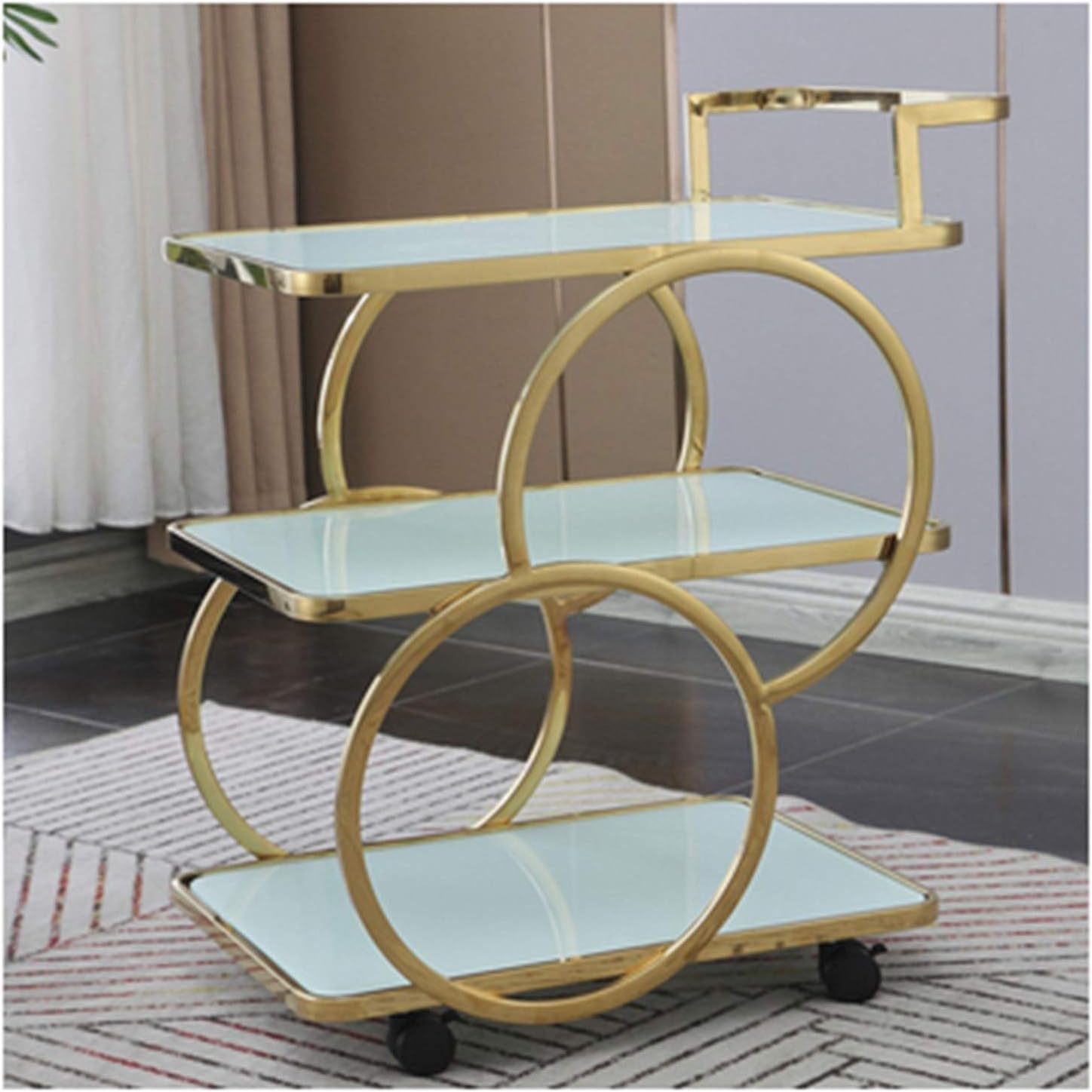 3-Tier Metal Rolling Bar, Serving, Utility Mobile Cart with Handles and in Glass Very Suitable for Home Wheeled Home Bar Cart Kitchen cart with Storage (Color : Titanium+White) (Silver+Black)