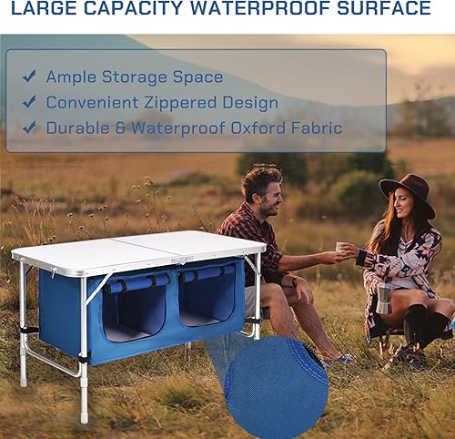 Miniatura 6 de Mesa de camping plegable con almacenamiento, mesas plegables de aluminio portátiles, mesa de playa plegable de altura ajustable para interiores y