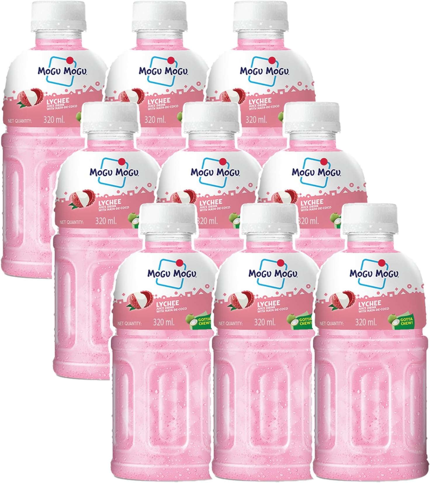 Mogu Mogu Lychee Juice Drink with Nata de Coco Jelly 320ml (Pack of 9)| Refreshing Tropical Thai-Made Sip & Chew Beverage