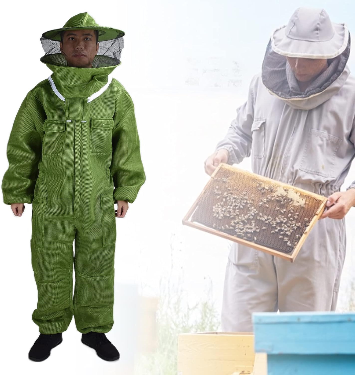 CDQL Bee Protective Clothing with Breathable Mesh, Bee Protective Clothing with Detachable Round Veil Hat for Beekeeper, Bee Keeper Suite