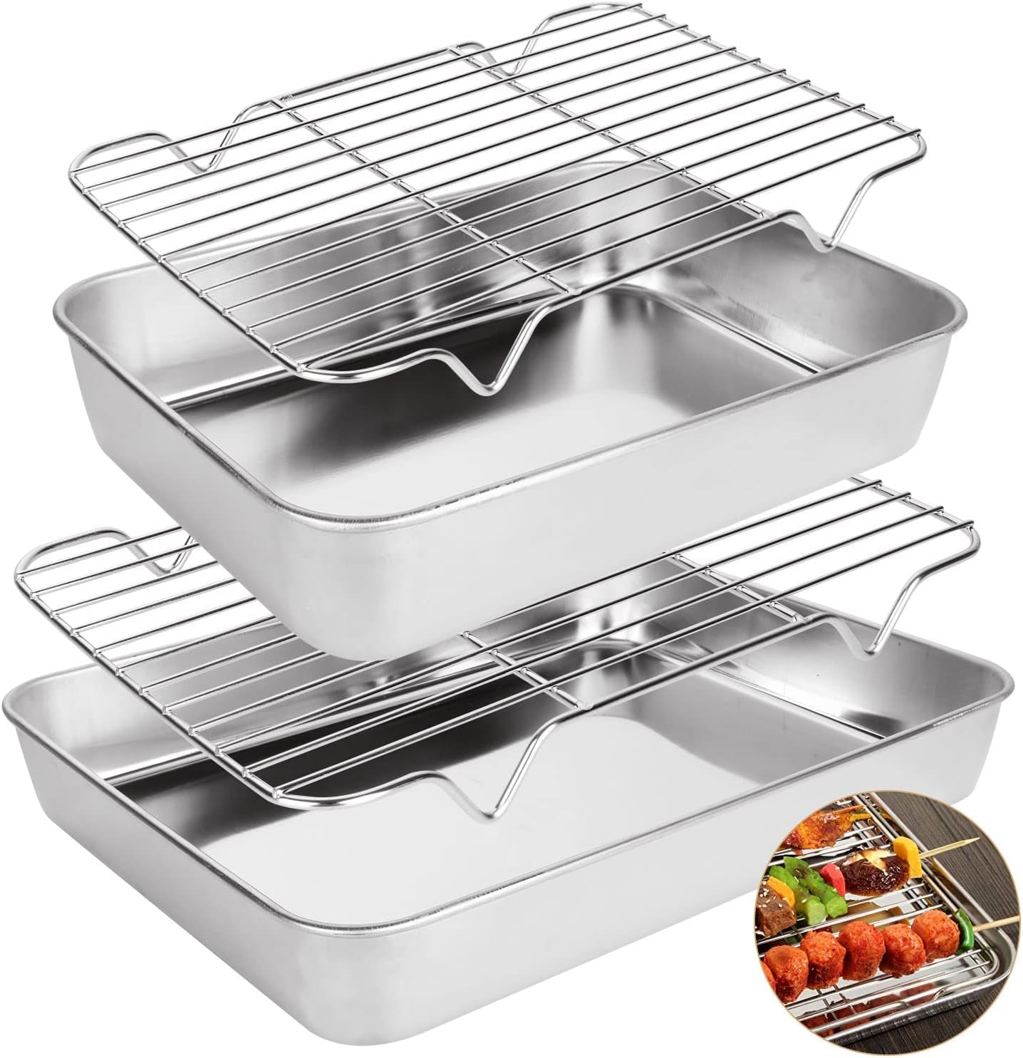 Oungy 4 PCS Roasting Tray with Rack, 2In Depth Stainless Steel Roasting Tin Tray with Cooling Wire Rack, 9&12 Inch Non Stick Cooking Oven Grill Pan Tray with Rack - Dishwasher Safe