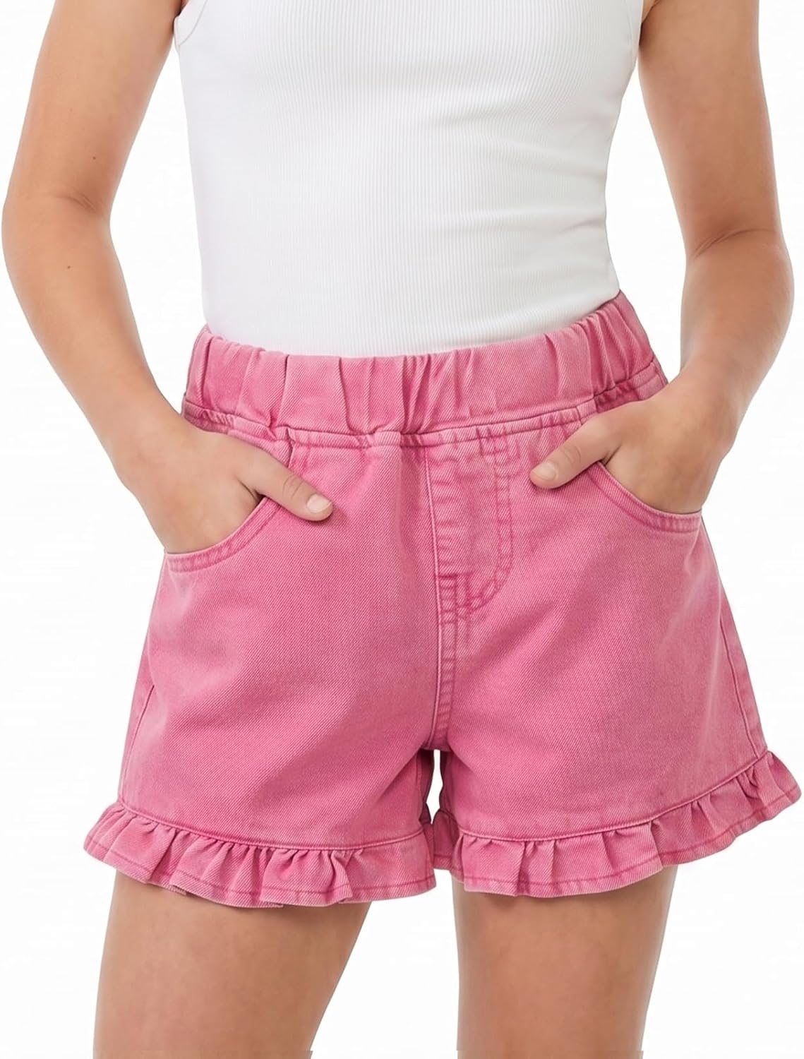 Spring&Gege Girls Ruffle Denim Shorts Elastic High Waisted Summer Cotton Short Jeans with Pockets 5-14 Years