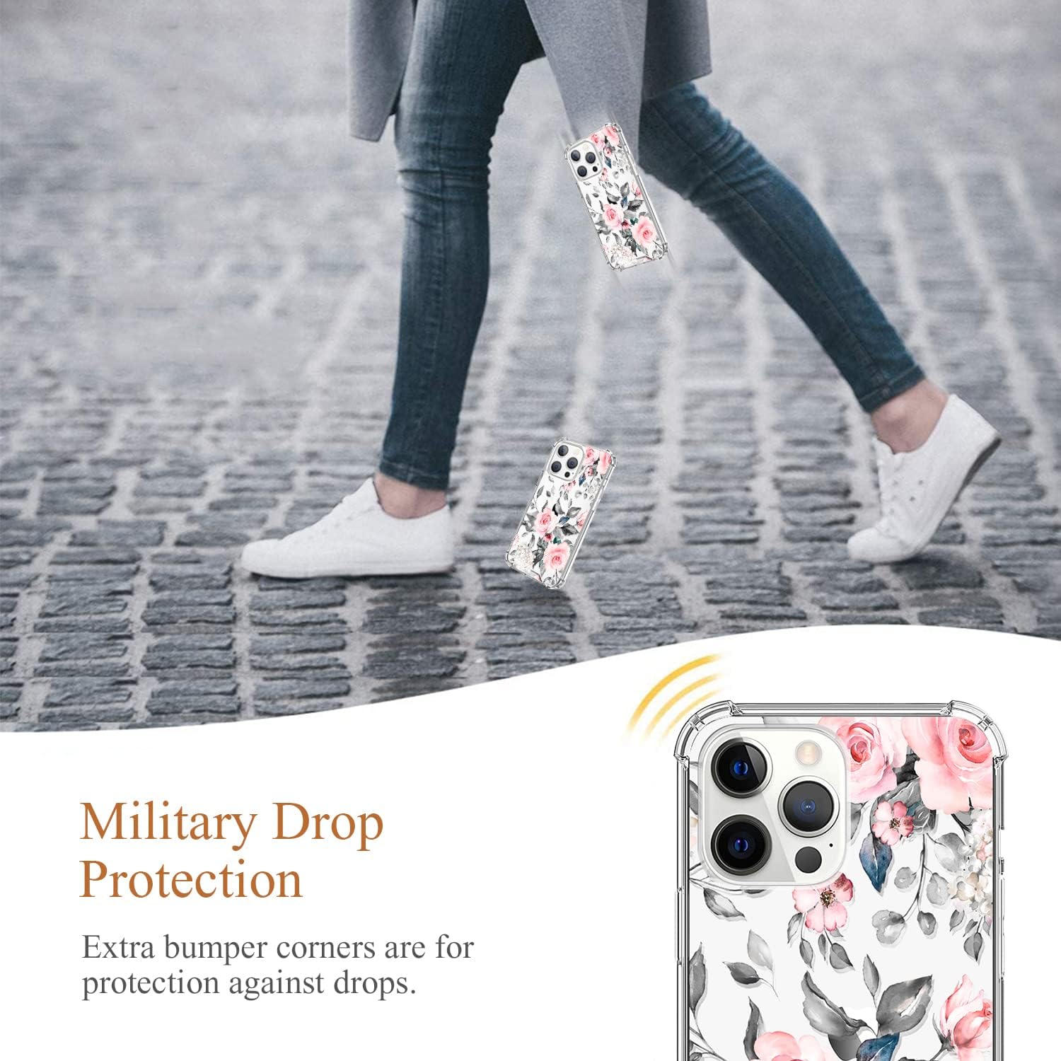 for iPhone 12 Case,for iPhone 12 Pro Case for Women Girls,Clear Floral Flower Cute Design Hard Plastic Back + Soft TPU Bumper Protective Shockproof Phone Case for iPhone12/12 Pro 6.1,Pink/Rose