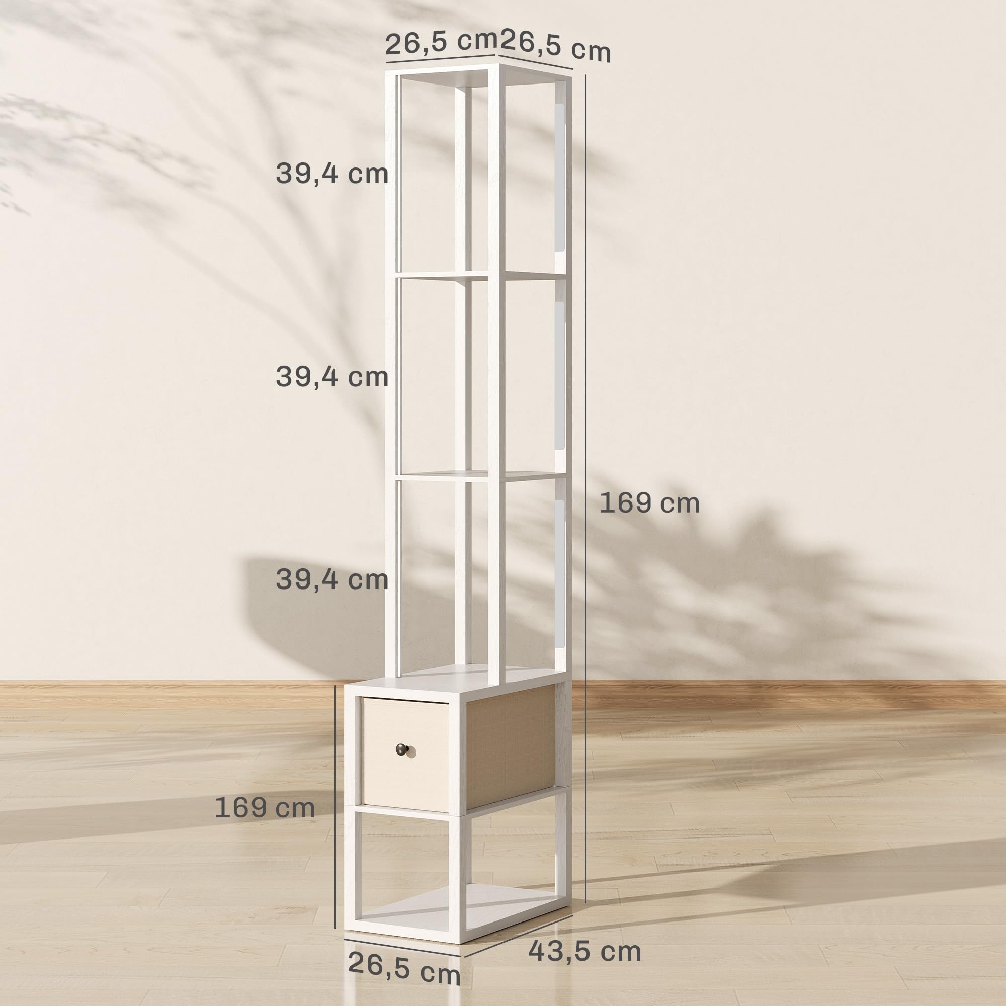 HOMCOM Lámpara de Pie Moderna 169 cm con Estantes Abiertos Lámpara de Pie para Salón con Interruptor de Pie y Cajón de Tela para Dormitorio Oficina Sala de Estar Blanco
