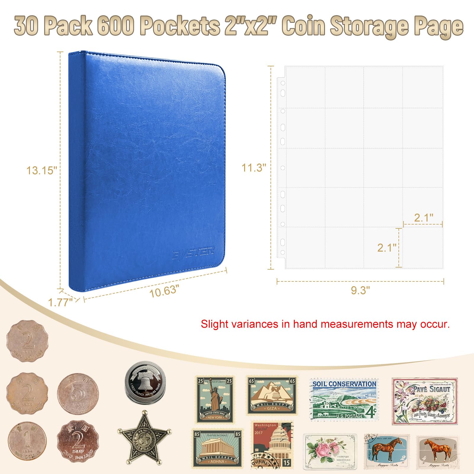 BYSTER Libro de colección de monedas, paquete de 30 fundas para monedas de 600 bolsillos, álbum de piel sintética, organizador de colección de monedas (tapas de monedas no incluidas), color azul
