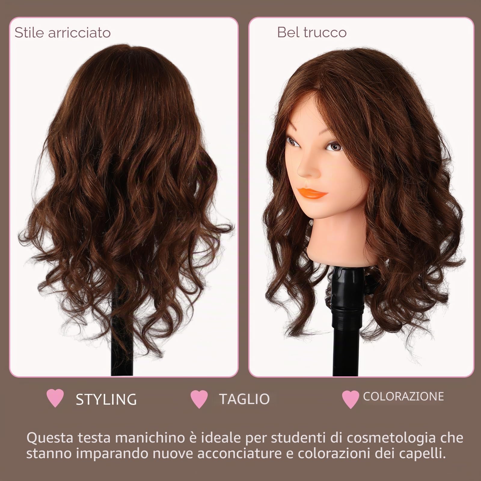 Testa per Parrucchieri Capelli Veri 100%, Testina Parrucchiere Manichino 46cm Marrone do Formazione Acconciature