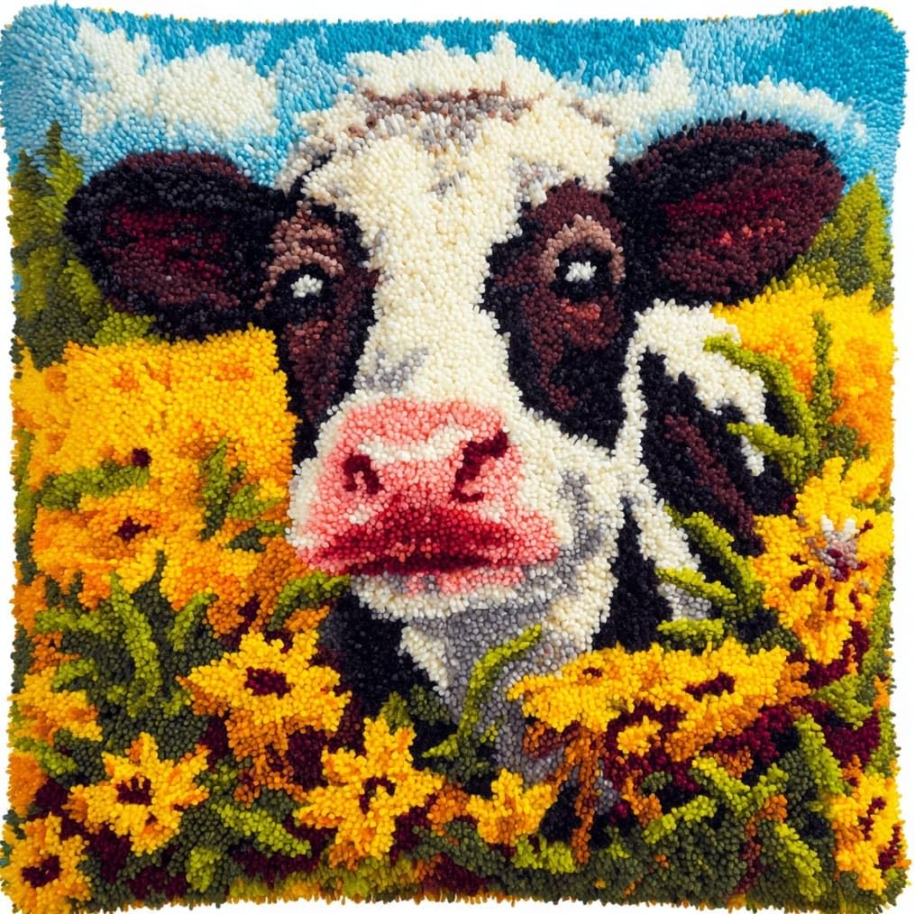 AxiangziK 43x43cm Latch Hook Cushion Making Kit,Cows and Flowers