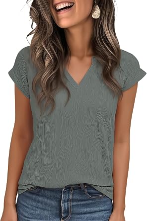 Jouica Womens Short Sleeve Dressy Tops V-Neck Textured Tops Cute Summer Tops 2025 Basic T-Shirts Work Blouses