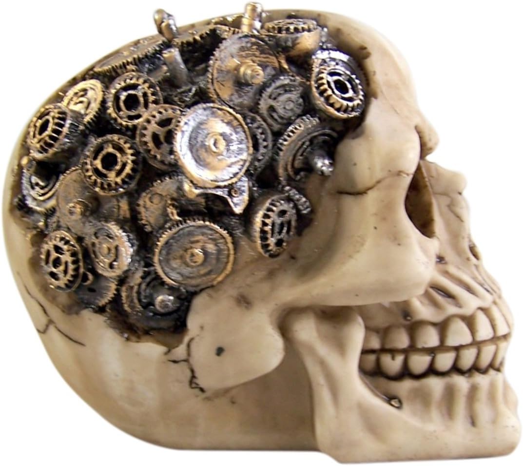 Steampunk Cyborg Protruding Gear Work Human Skull Statue Clockwork Gear Design Skeleton Cranium Figurine