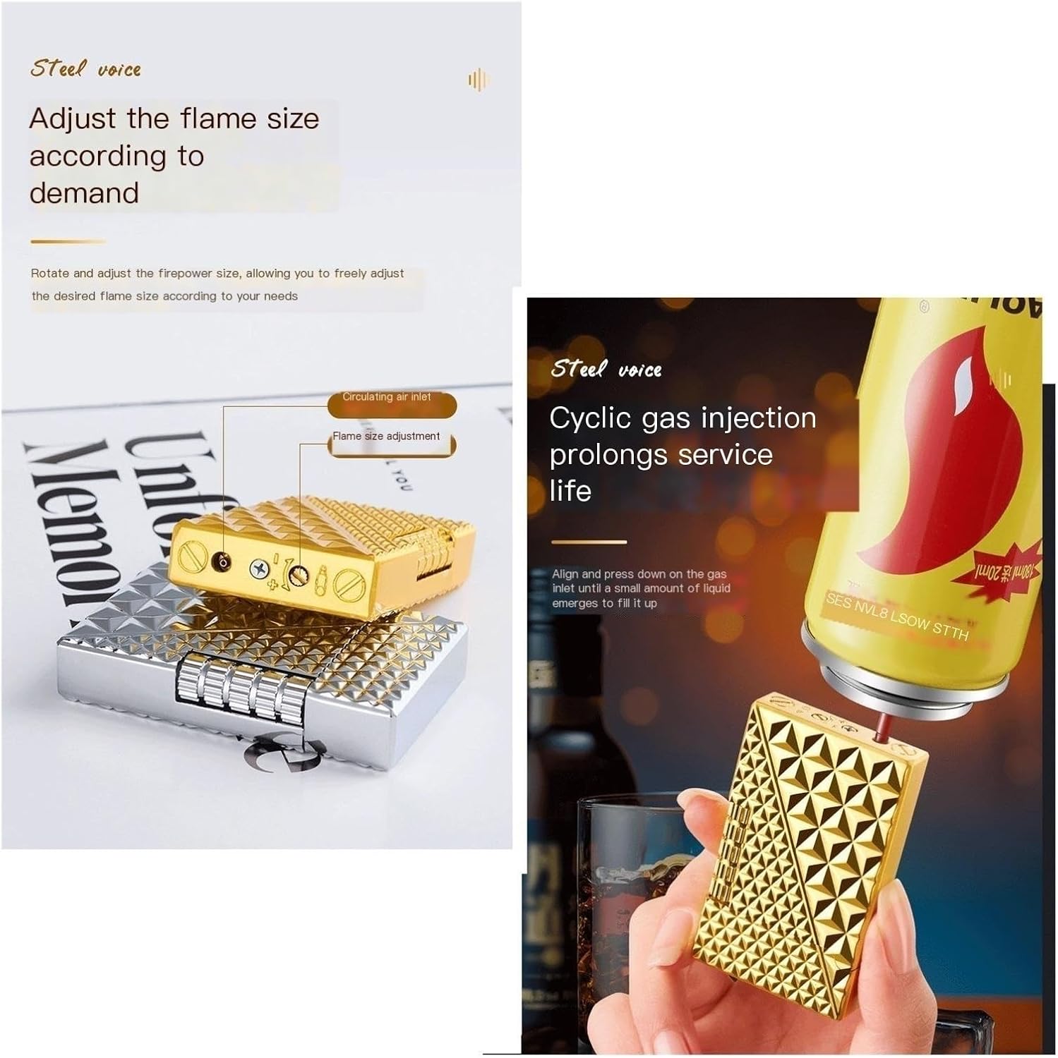 TARVIT Classic Lighters with Match Flints，Adjustable Soft Flame Lighter Butane Refillable Gas Lighter，Gift for Outdoor Cigarette/Cigar/Candle Box Packaging 【No Gas】 (Color : Silver)