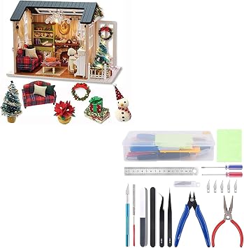 Kisoy Dollhouse Miniature with Furniture Kit, DIY 3D Wooden DIY House Kit with Dust Cover, Handmade Tiny House Toys for Teens Adults Gift8009&17PCS Model Kit Tools