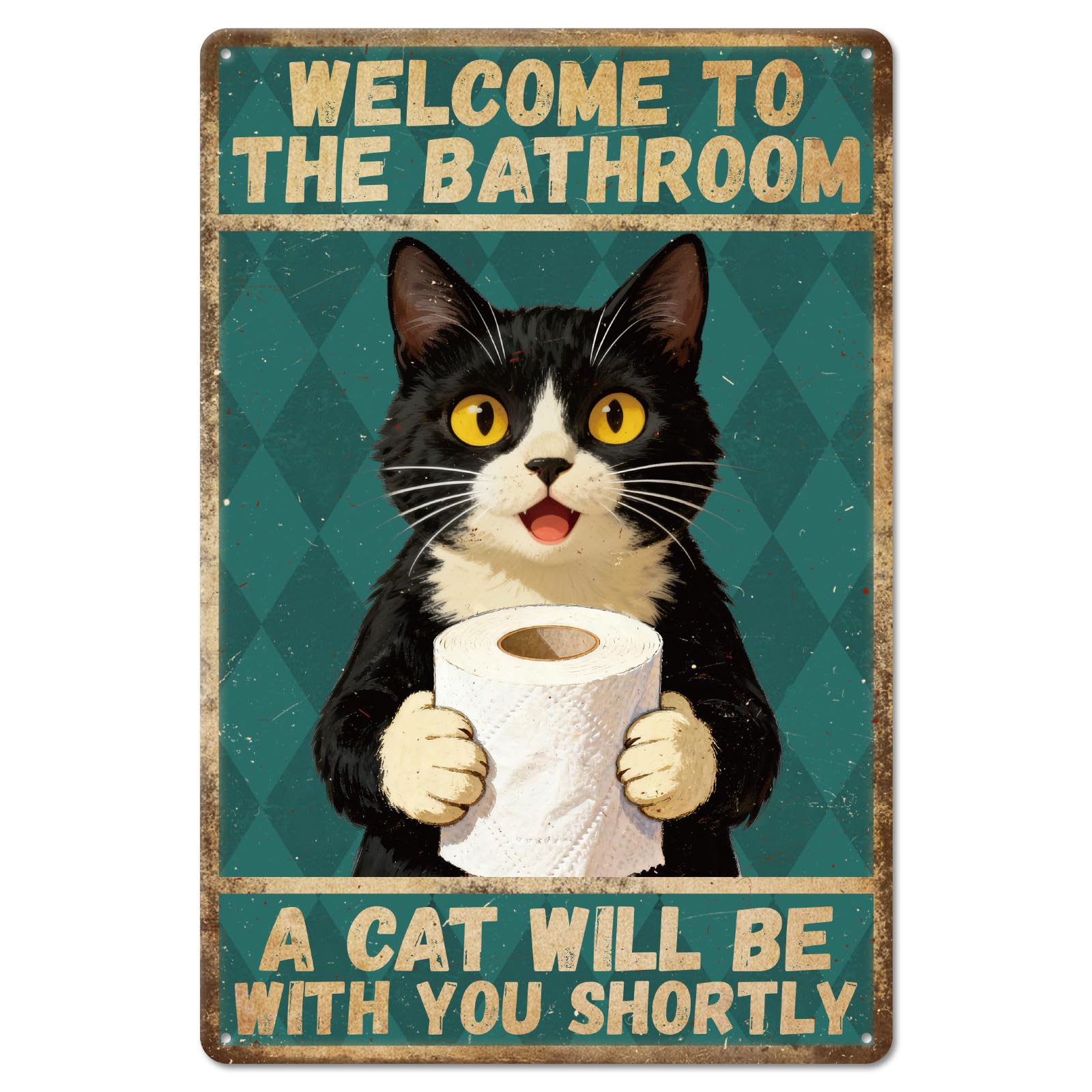 GLOBLELAND Bathroom Black Cat Metal Tin Sign 8x12 inch "Welcome to the Bathroom" Funny Vintage Painting Tin Signs Wall Poster Plaque for Bathroom Toilet Room Hallway Pet Area