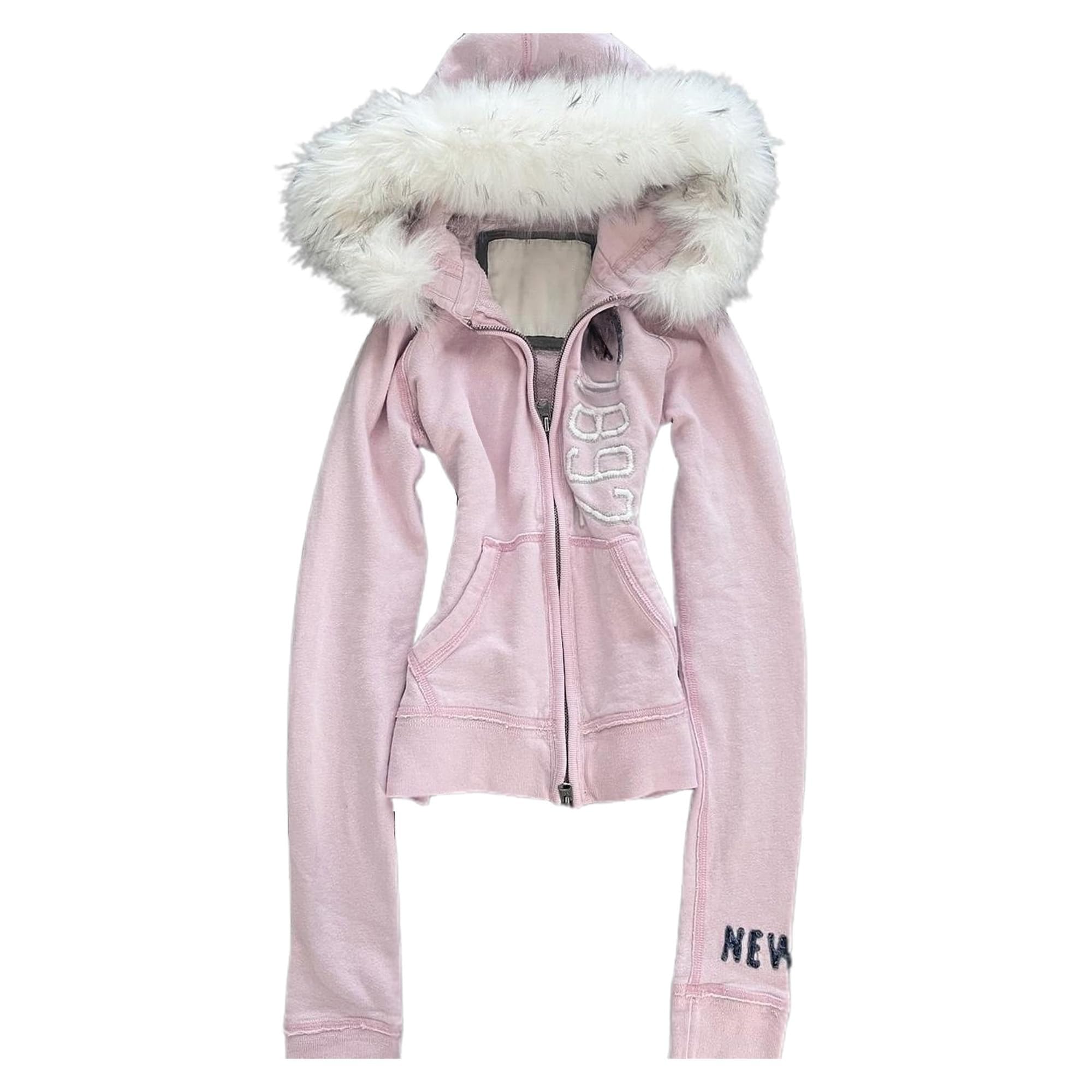 Y2k Fur Zip Up Hoodie Women Teen Girls 2000s Preppy Clothes Grunge Vintage Sweatshirt Fall Winter Streetwear Jacket-image-13