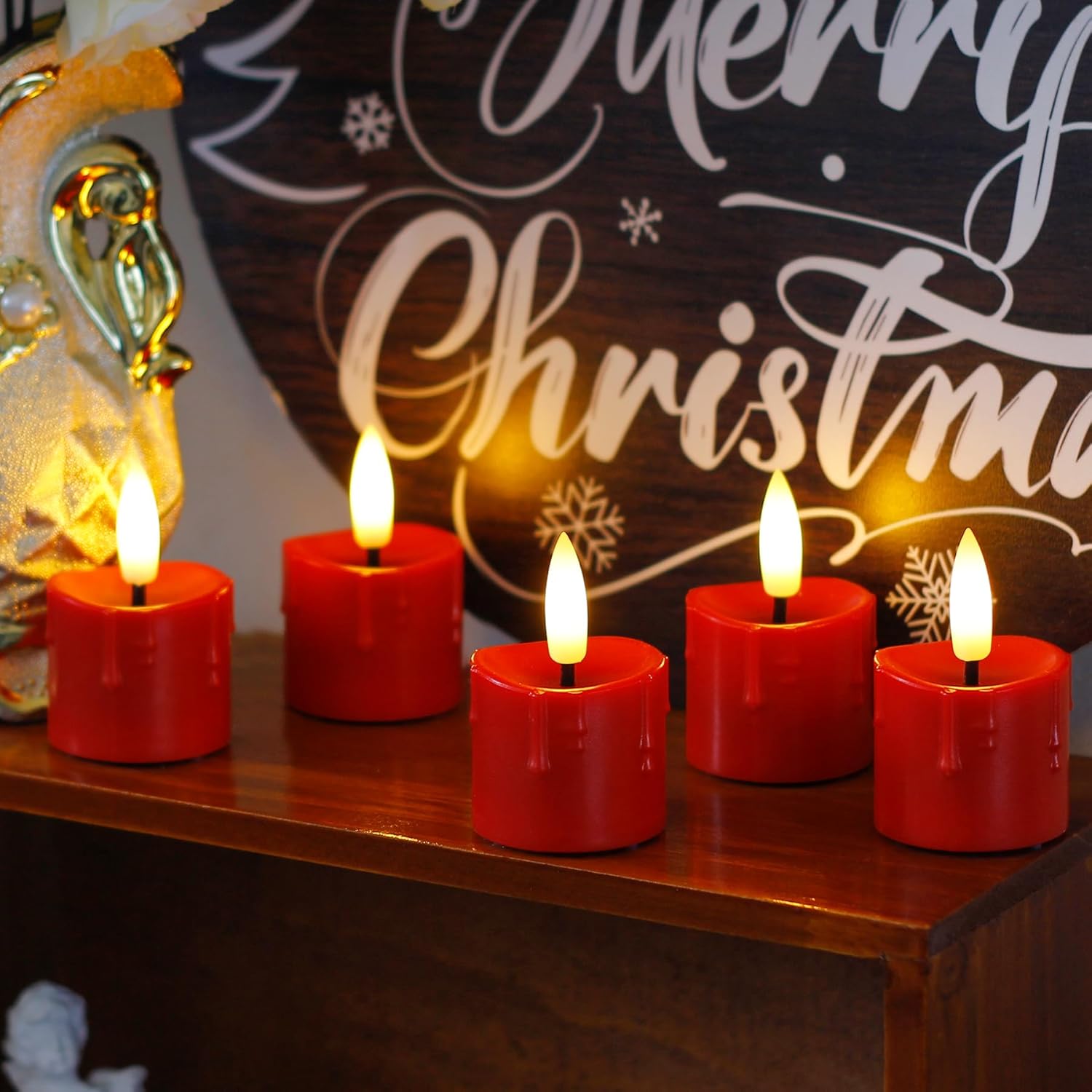Yeelida Rechargeable Flameless 1.6" x2.5" Tea Light Candles with Remote & Type-C Charging Cable, Timer LED Flickering Red Plastic 6pcs Mini Dripping Wax Votive Tealight