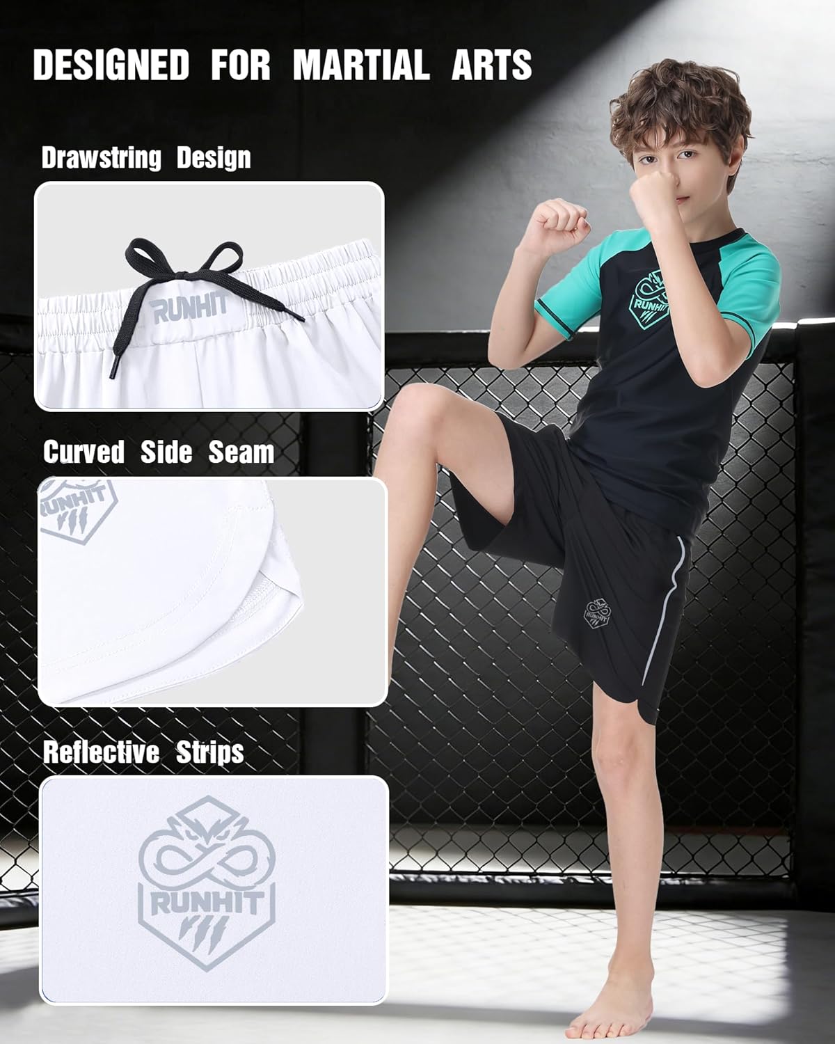 Runhit Kids MMA BJJ Wrestling Shorts, Youth Boys No Gi Grappling Shorts for Boxing, Jiu Jitsu, Muay Thai, Training - Image 3