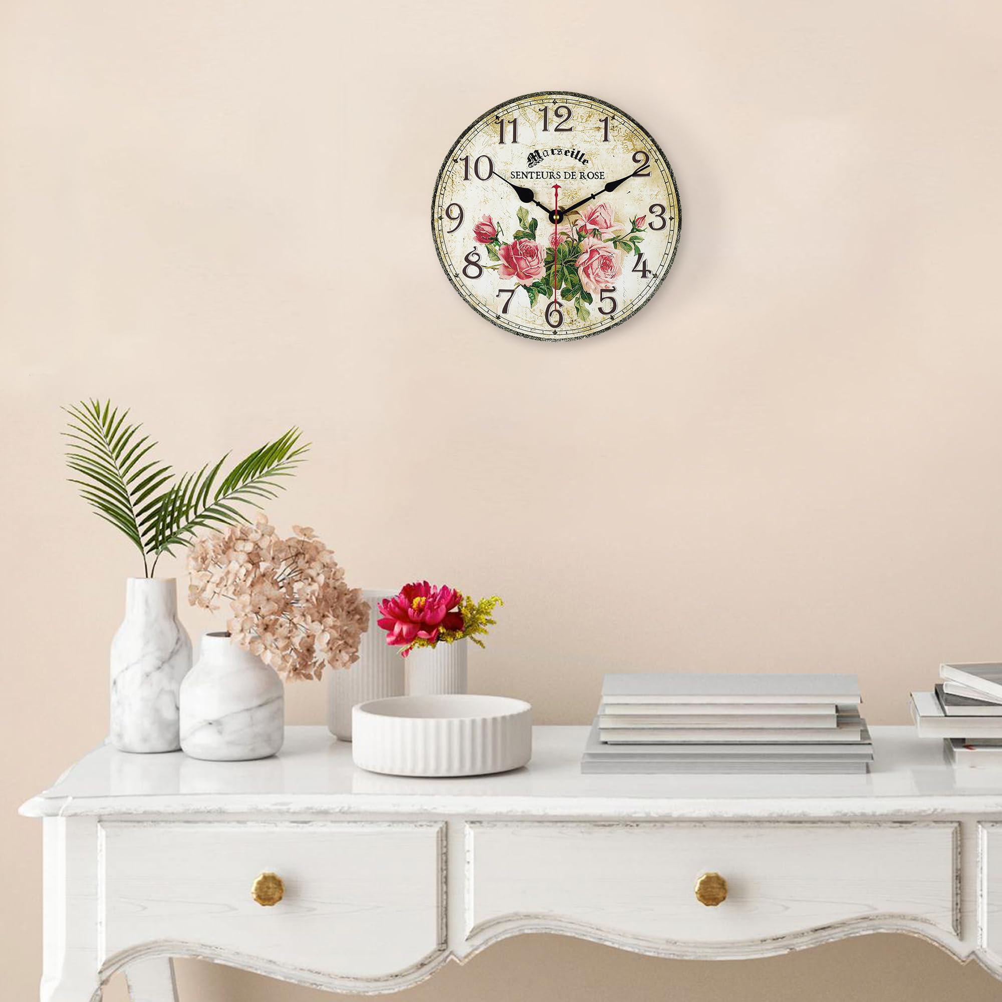 Lafocuse Cichy nietykający drewniany zegar ścienny z różowymi kwiatami róży, zasilany bateriami, vintage, shabby chic, rustykalny dom wiejski, zegary kuchenne, dekoracja ścienna, do salonu, sypialni