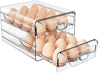 HIYOHIYO 24 Grids Clear High Capacity Egg Organizer for Refrigerator with Time Scale, Stackable Container and Storage for Refrigerator with Drawers (2 Layer, 7.9"x 6.3"x 5.5")