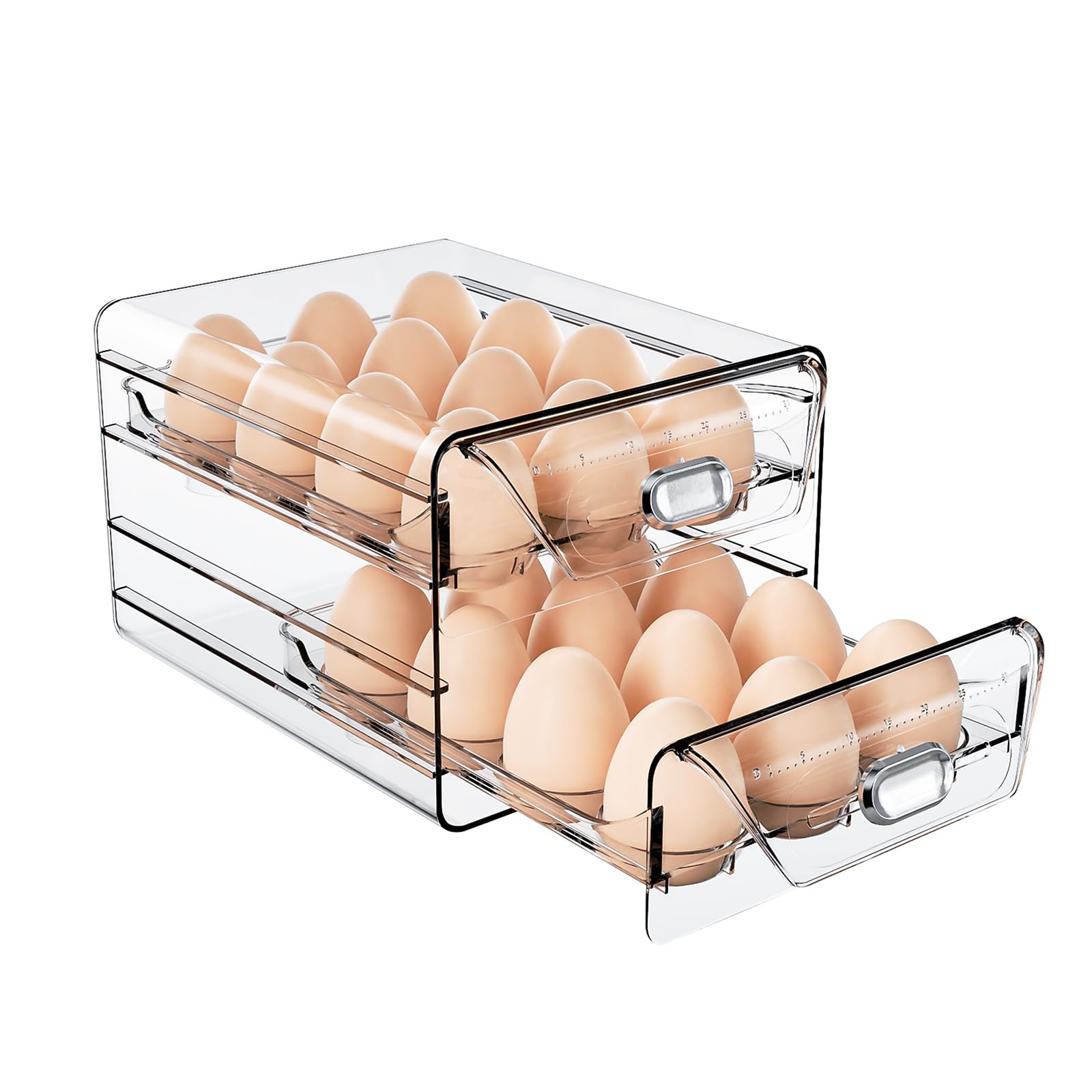 HIYOHIYO 24 Grids Fresh Egg Holder for Refrigerator, All Clear PET Egg Container with Time Scale, Stackable Egg Storage Box Edible Grade PP Drawers, Egg Keeper for Fridge (2 Layer, 7.9"x 6.3"x 5.5")