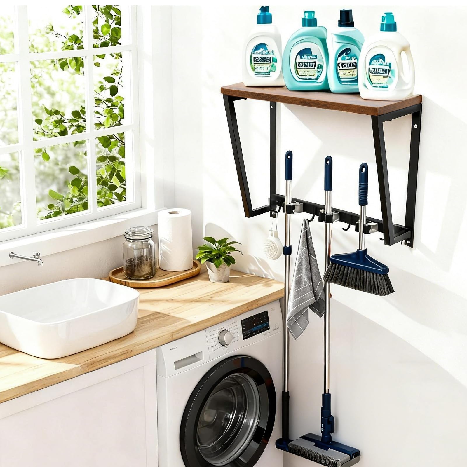 Colgador Escobas y Fregonas con Estantes de Pared con 3 Soporte, 4 Crochets, Organización y Almacenamiento para Cocina, Baño, Garaje y Jardín, Soporte Herramientas de Acero Inoxidable y Madera